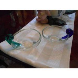 2 Hand Blown Clear Cobalt Blue and Green Handle Dip Serving Bowls